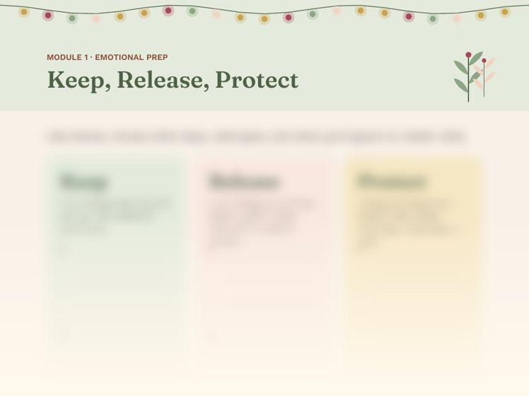 The top of the workbook page Keep, Release, Protect